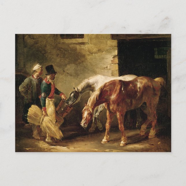 Carte Postale Deux Chevaux de Poste à la porte d'un Stable (Devant)