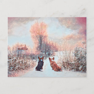 Carte Postale Deux Corgis gallois dans la neige