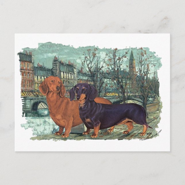 Carte Postale Deux Dachshunds en ville (Devant)