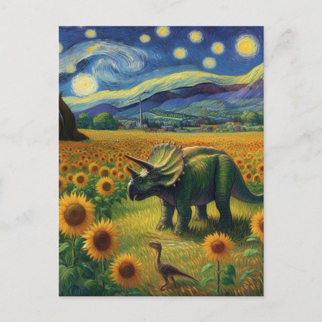 Carte Postale Deux Dinos à Van Gogh Starry Sunflower de nuit (Devant)