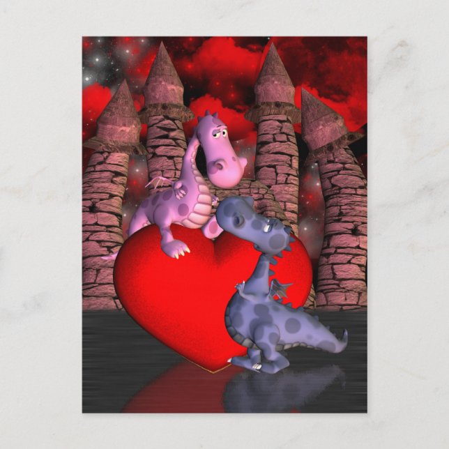 Carte Postale deux dragons mignons, l'un sur le coeur l'autre re (Devant)