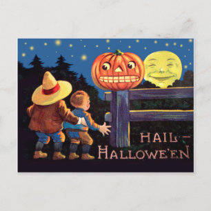 Carte Postale Deux enfants effrayés la nuit d'Halloween