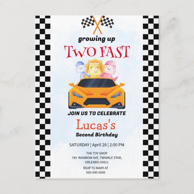 Carte Postale Deux Fast Dinosaur Race Car 2e fête d'anniversaire (Devant)