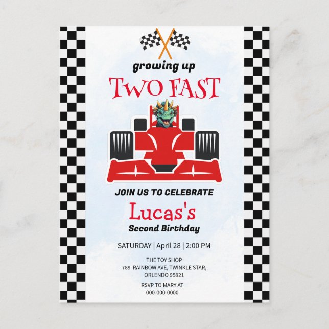 Carte Postale Deux Fast Dinosaur Race Car 2e fête d'anniversaire (Devant)