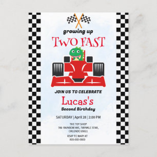 Carte Postale Deux Fast Dinosaur Race Car 2e fête d'anniversaire