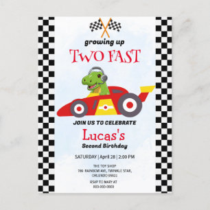 Carte Postale Deux Fast Dinosaur Race Car 2e fête d'anniversaire