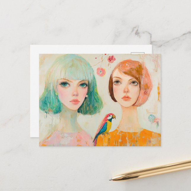 Carte Postale Deux femmes et un perroquet (Devant/Arrière en situation)