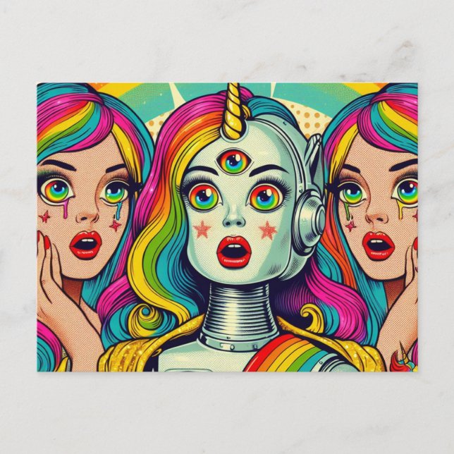 Carte Postale Deux femmes et un robot arc-en-ciel (Devant)