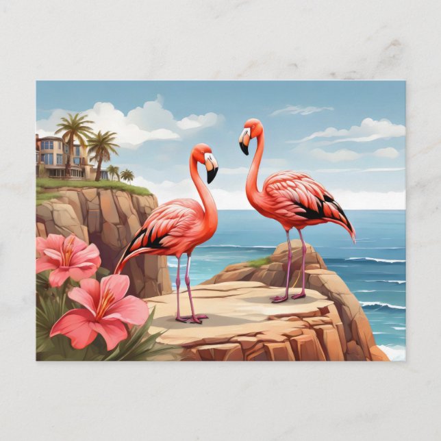 Carte Postale Deux flamants roses sur une falaise (Devant)