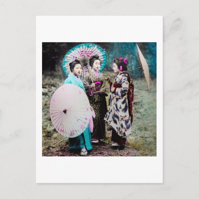 Carte Postale Deux Geisha et un Maiko et des Parasols Vieux Japo (Devant)