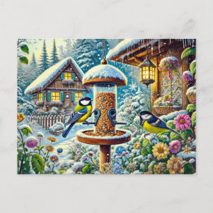 Carte Postale Deux grands oiseaux du Tit à la mangeoire en hiver