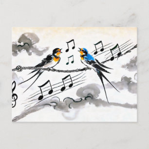 Carte Postale Deux hirondelles chantant sur une ligne électrique