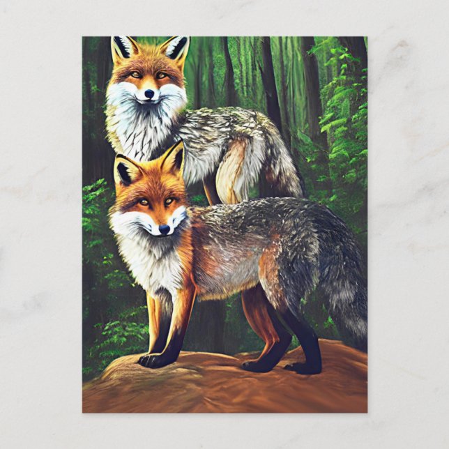 Carte Postale deux jeunes Foxes animal nature faune art (Devant)