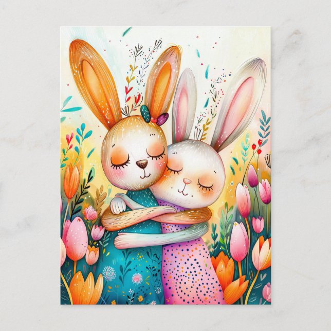 Carte Postale Deux lapins de Pâques dans un champ de tulipes (Devant)