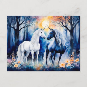 Carte Postale Deux licornes debout ensemble sous un ciel étoilé