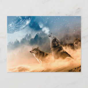 Carte Postale Deux loups hurlent à la pleine lune en forêt