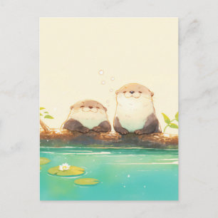 Carte Postale Deux Loutres Heureuses sur une Bûche d'Été