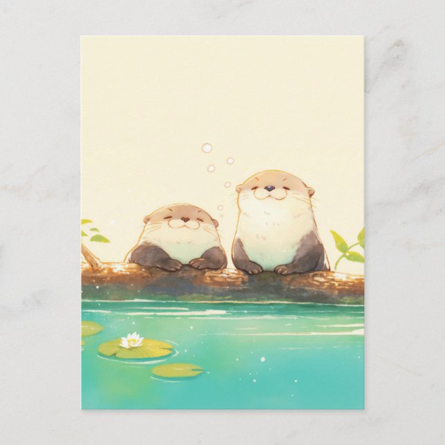 Carte Postale Deux Loutres Heureuses sur une Bûche d'Été (Devant)