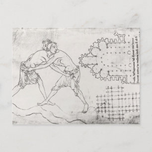Carte Postale Deux lutteurs, plan d'une église cistercienne