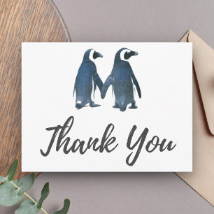 Carte Postale Deux mignons pingouins   Merci Mariage romantique