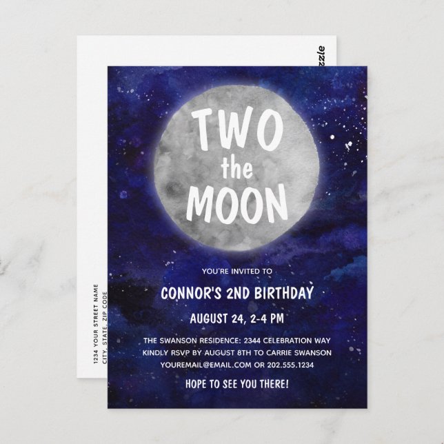 Carte Postale Deux Moon Navy Blue Boy 2e fête d'anniversaire (Devant / Derrière)