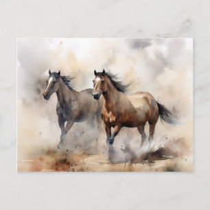 Carte Postale « Deux mustangs sauvages » Aquarelle occidentale p