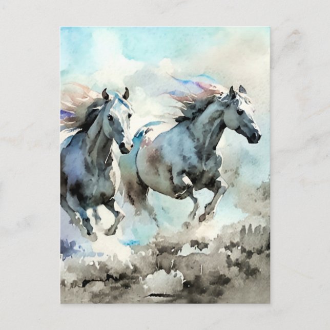 Carte Postale Deux Mustangs sauvages se dressent contre le vent (Devant)