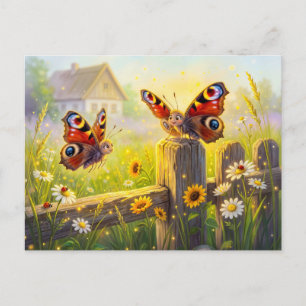 Carte Postale Deux papillons sur une clôture de jardin en été