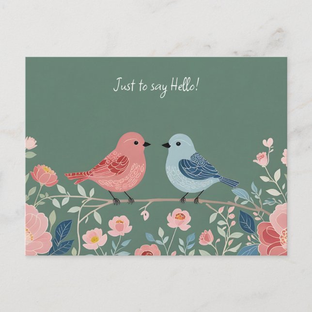 Carte Postale Deux petits oiseaux et fleurs (Devant)