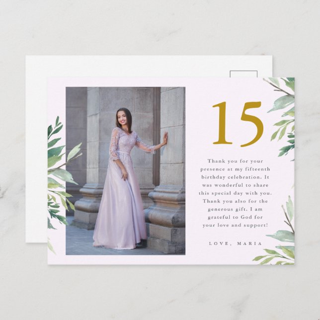 Carte Postale Deux photos de verdure Quinceanera Blush Merci (Devant / Derrière)