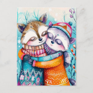 Carte Postale Deux ratons laveurs s'étreignant en hiver
