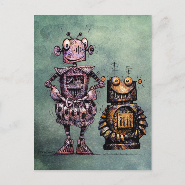 Carte Postale Deux Robots Drôle ! (Devant)