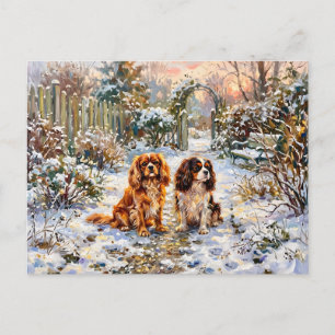 Carte Postale Deux Spaniels Cavalier sur un chemin hivernal