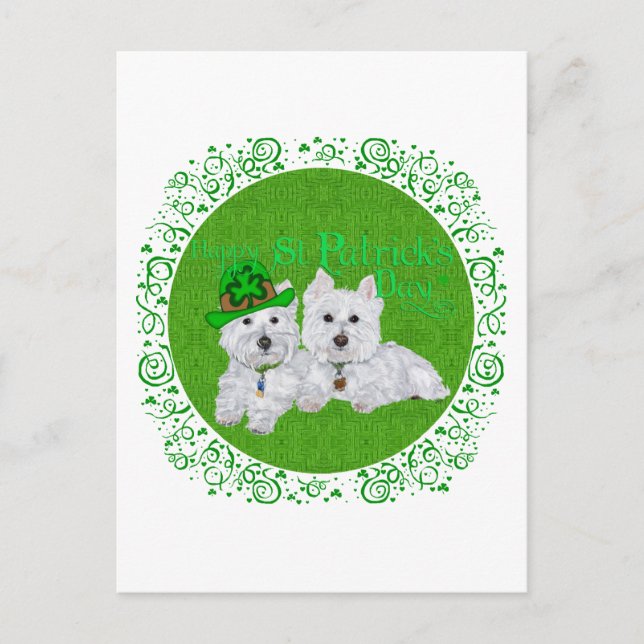 Carte Postale Deux Westies au repos pour la Saint-Patrick (Devant)