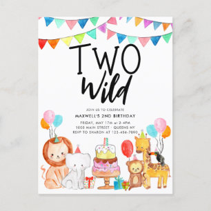 Carte Postale DEUX WILD Safari Party Animaux Enfants 2e annivers