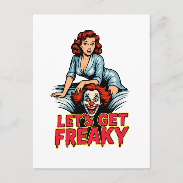 Carte Postale Devenons Fous – Rétro Pin-Up & Clown Flippant (Devant)