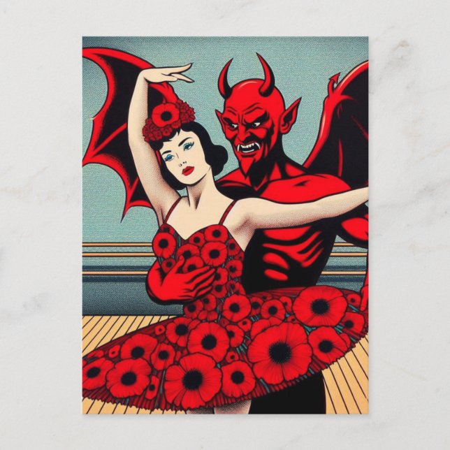 Carte Postale Devil Ballet avec une femme en robe rouge florale (Devant)