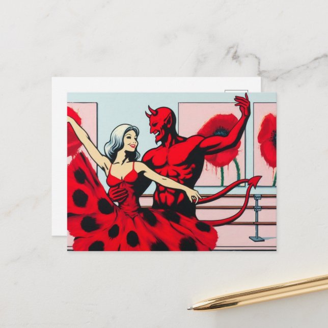 Carte Postale Devil danse avec une femme dans une robe Red Poppy (Devant/Arrière en situation)