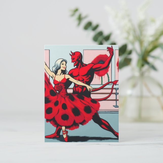 Carte Postale Devil danse avec une femme dans une robe Red Poppy (Debout devant)