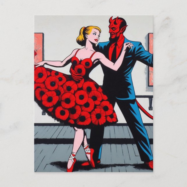 Carte Postale Devil danse avec une femme en robe rouge florale (Devant)