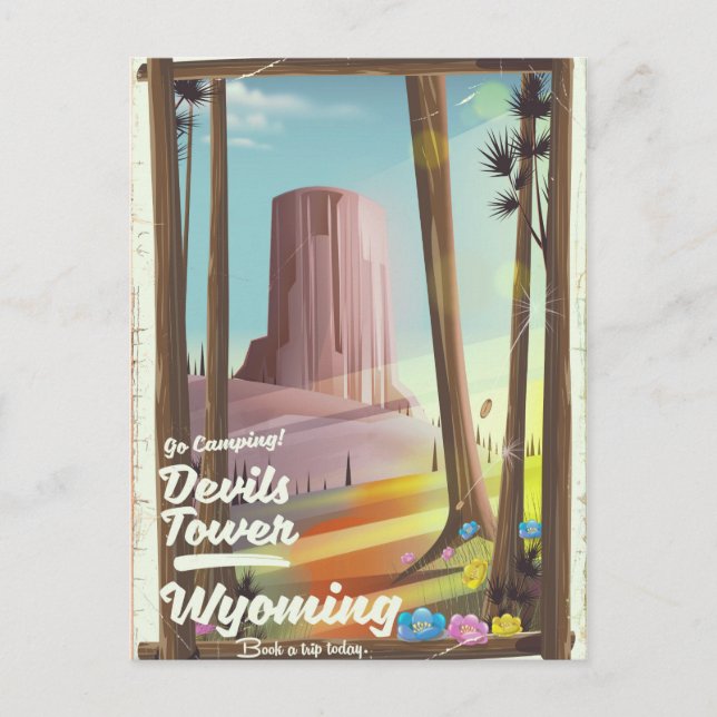 Carte Postale Devils Tower, Wyoming vintage Camping print. (Devant)