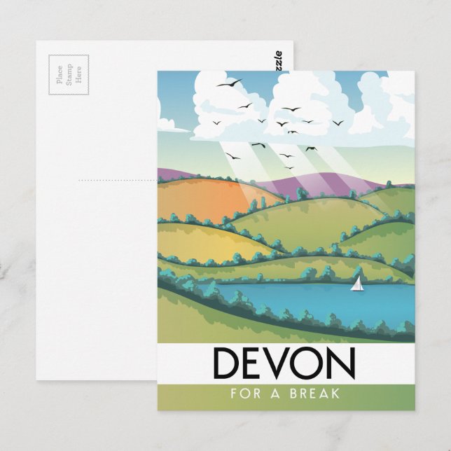 Carte Postale Devon "pour une pause" affiche de voyage d'été (Devant / Derrière)