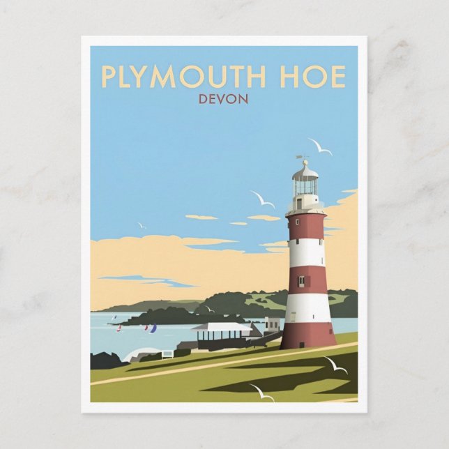 Carte Postale Devon UK Plymouth Lighthouse Voyage Retro Inspiré (Devant)