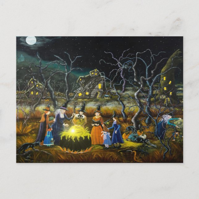 Carte postale d'Halloween, sorcières autour du cha (Devant)