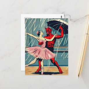 Carte Postale Diable d'art rétro avec danseuse de ballet en plui