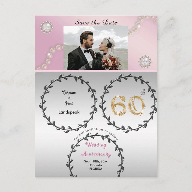 Carte Postale Diamant or rose 60e anniversaire Enregistrer la da (Devant)