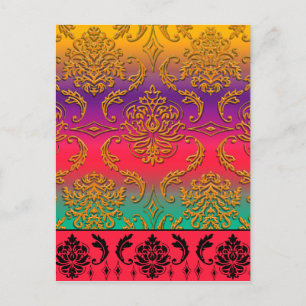 Carte Postale Diamond Damask, NEON RAINBOW en Goldenrod & Purple