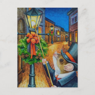 Carte Postale Dickens Christmas Lamplighter Souris aquarelle Art