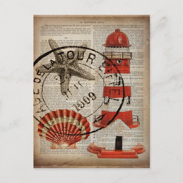 Carte Postale dictionnaire estampes art côtier seashell phare (Devant)