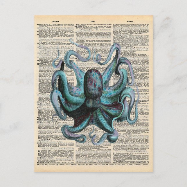Carte Postale Dictionnaire vintage Art Bleu Océan Octopus (Devant)